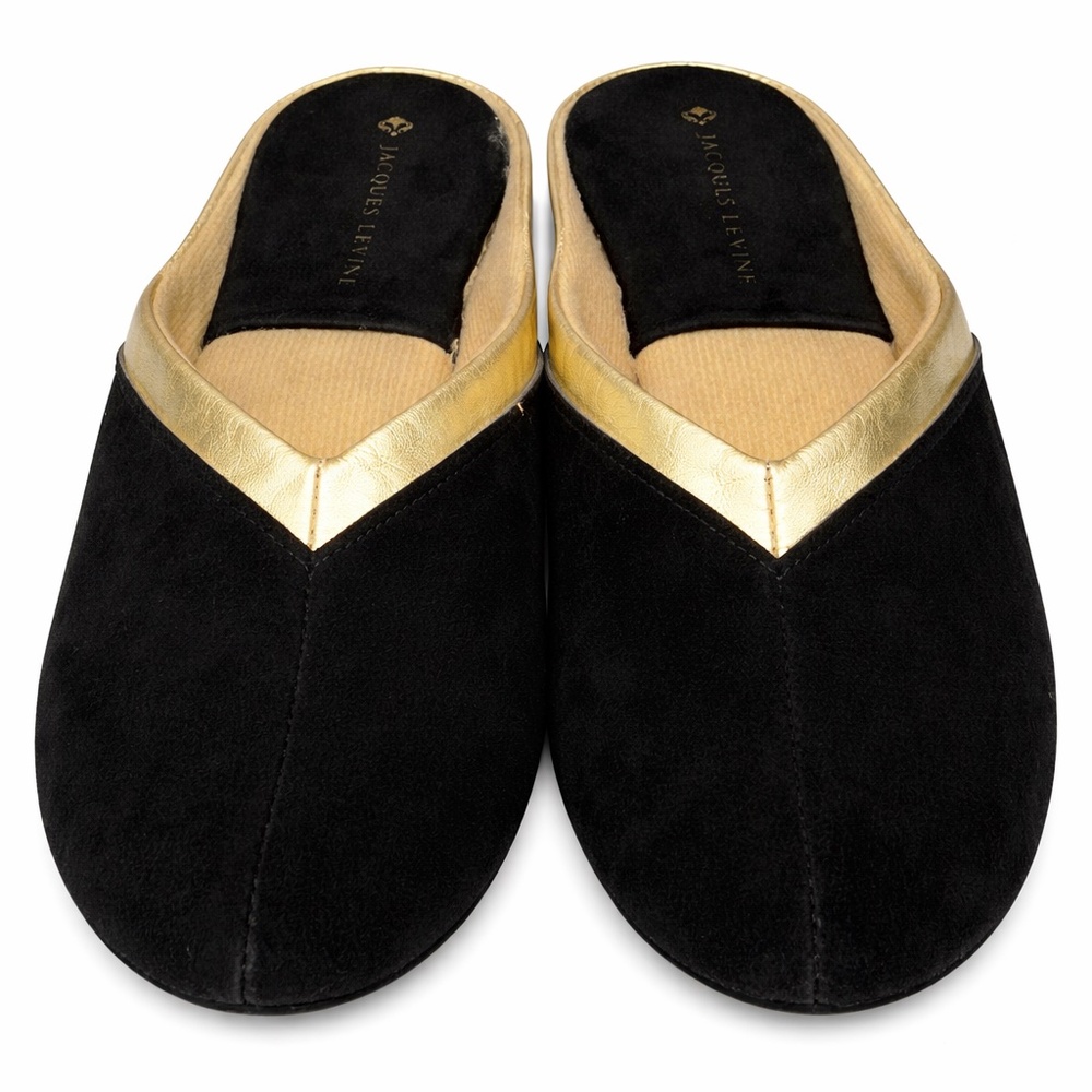 Jacques Levine Black Suede Mule Slippers Gold Trim Wedge Size 5